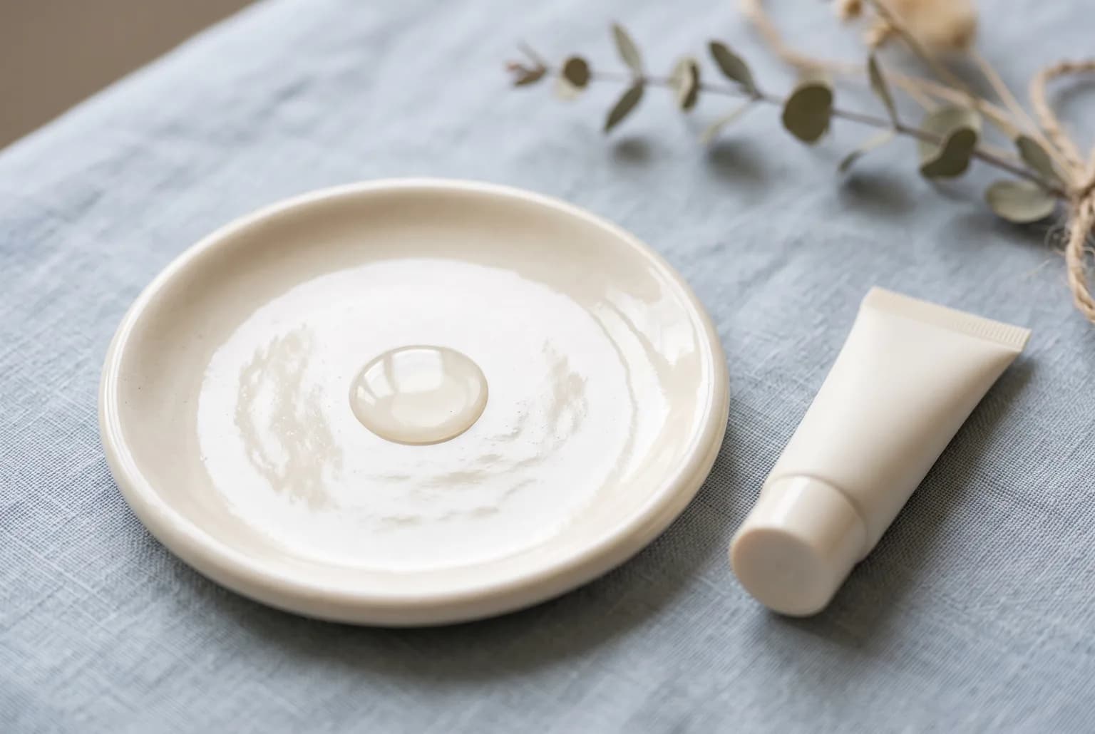 Drop of leave-on exfoliant serum on ceramic dish
