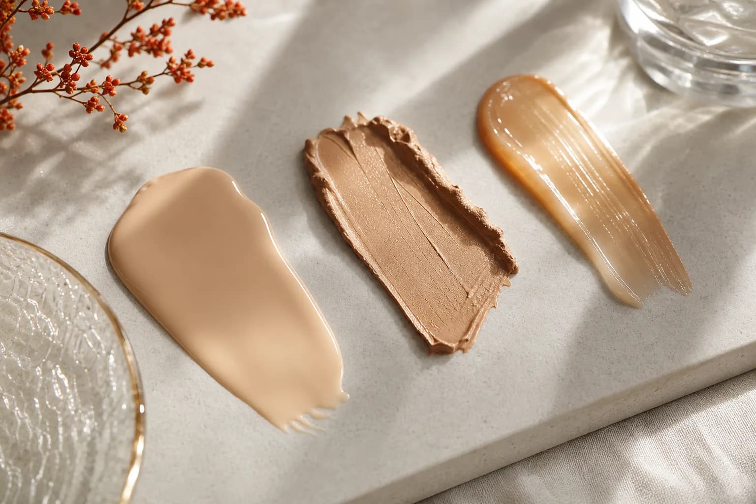 Three foundation texture swatches on a ceramic tile showing satin, cream, and tinted moisturizer finishes