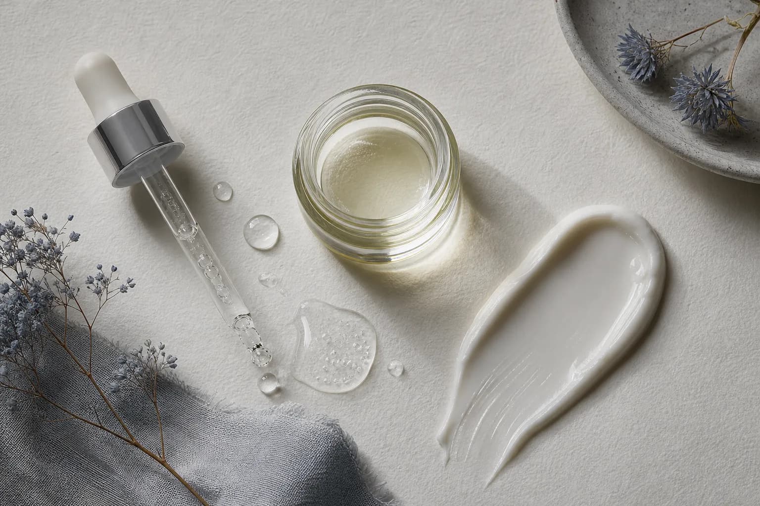 Hyaluronic acid dropper, squalane vial, and ceramide cream smear arranged on textured paper