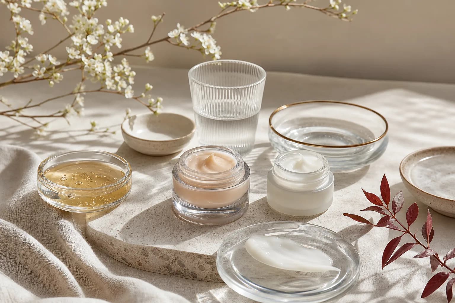 Application tools—puff, sponge, brush—with diluted foundation drops in a ceramic bowl