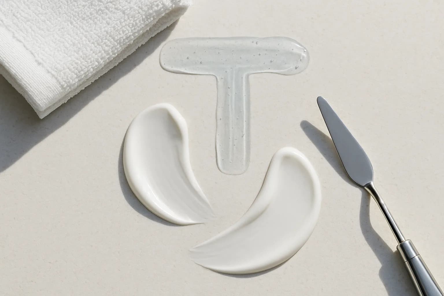 Abstract gel and lotion textures arranged to represent an oily T-zone and dry cheeks