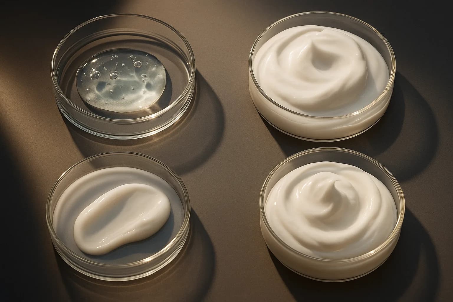 Four moisturizer textures showing the difference between gel, gel-cream, lotion, and cream