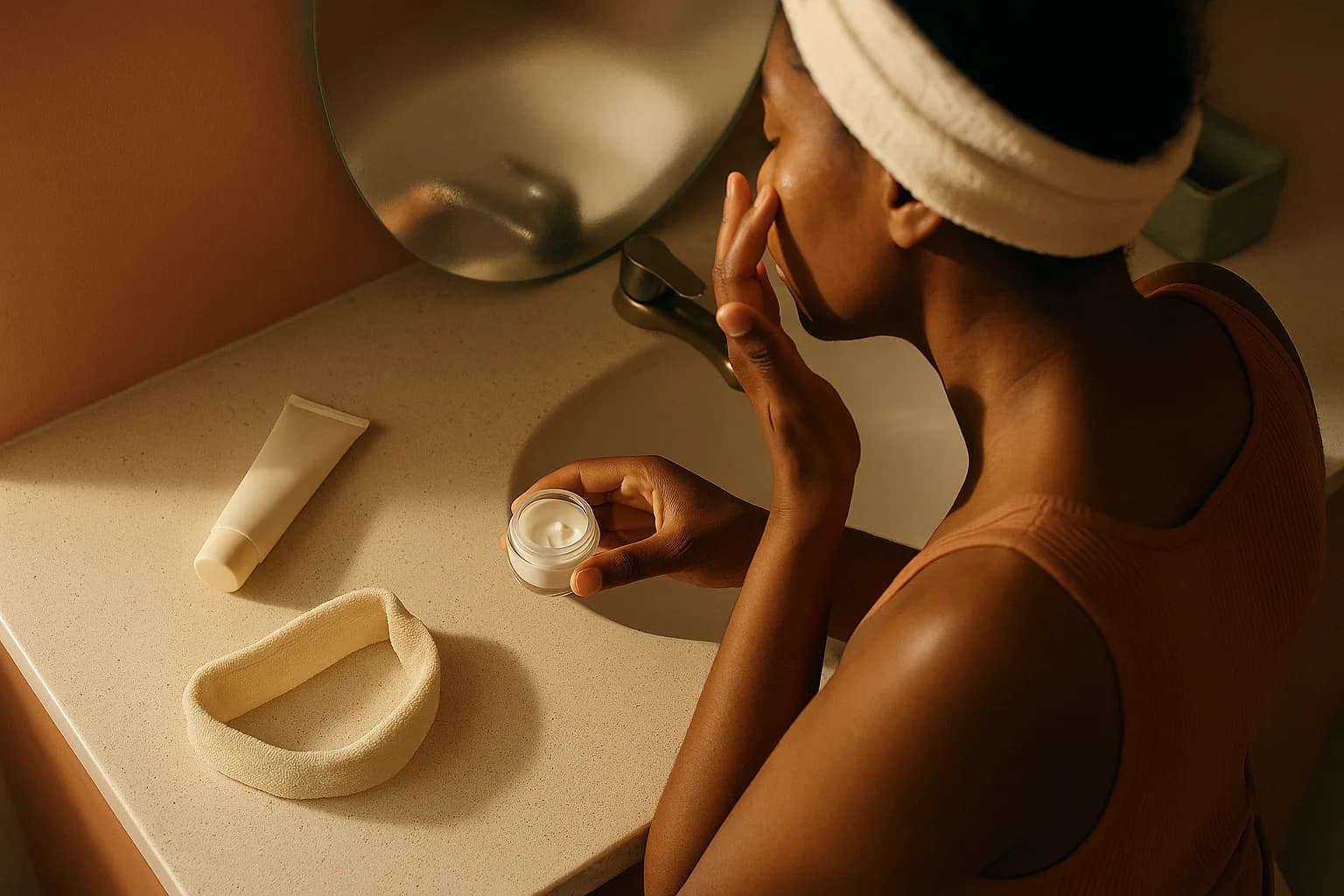 Hands applying moisturizer strategically to cheekbones during a morning skincare routine