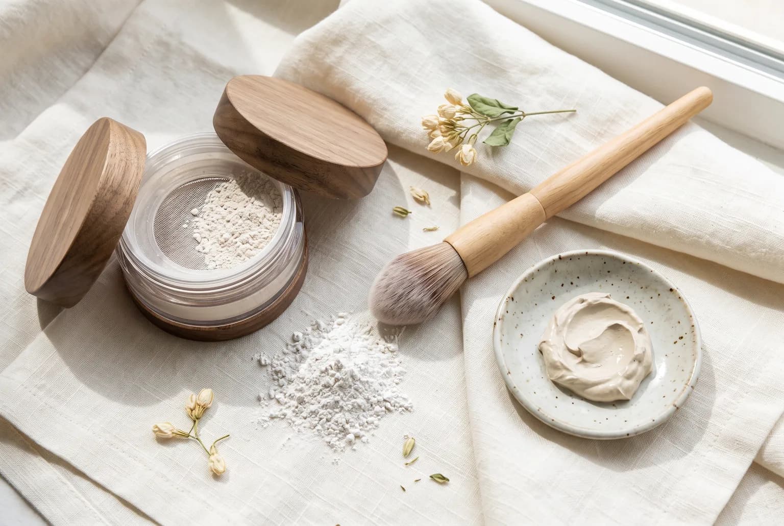 Loose translucent powder, tapered brush, and pale clay arranged on ivory linen