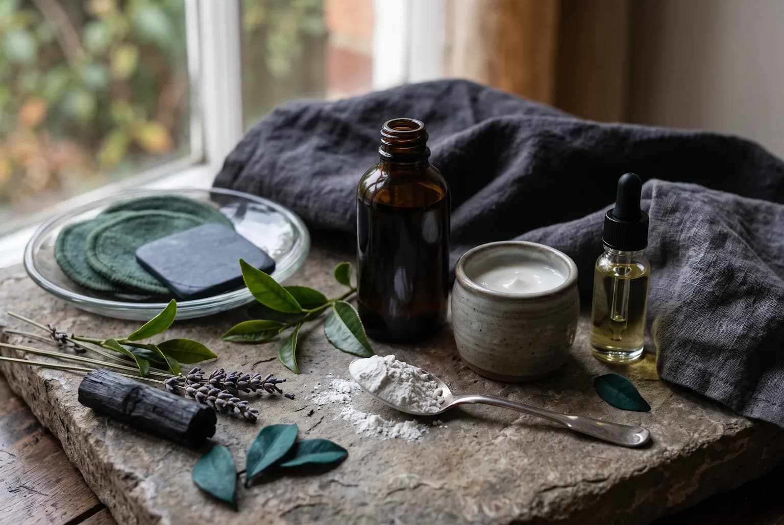 Evening cleansing essentials beside a powder puff on olive tile
