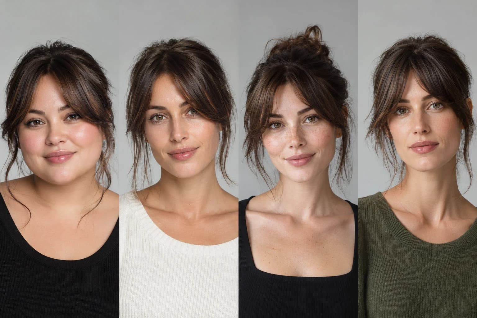 Four side-by-side portraits showing curtain bangs with the rest of the hair tied back.