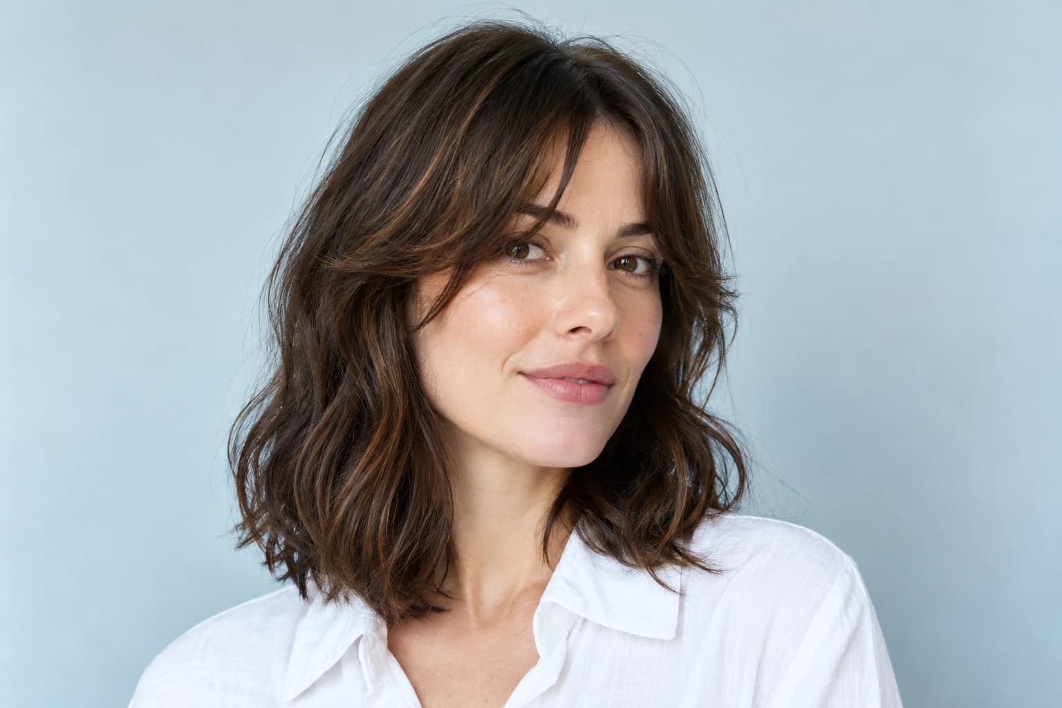 Three-quarter portrait of a woman with shoulder-length waves and curtain bangs.