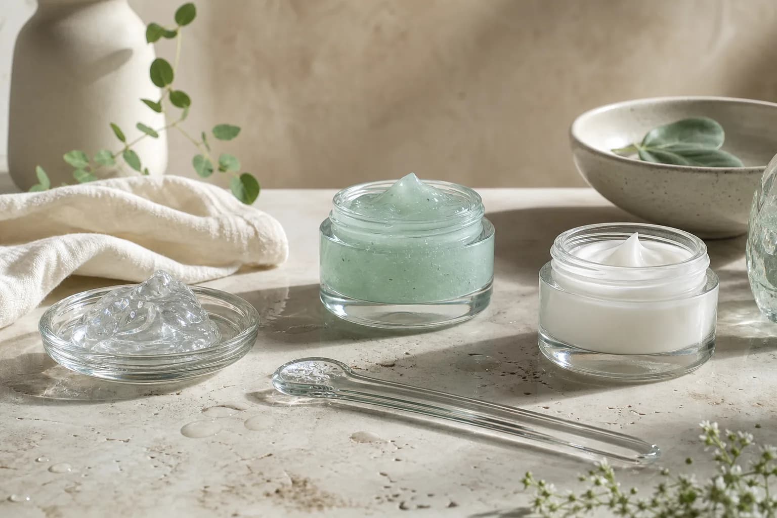 Open jars of pale green gel and white cream beside a clear gel dish and glass spatula.