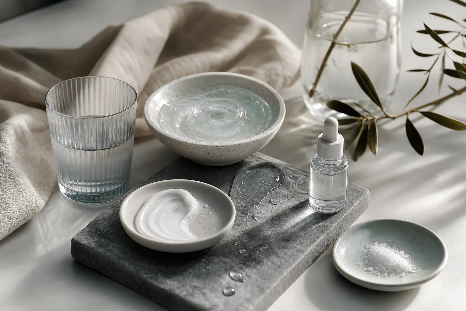 Clear gel, white cream, a dropper bottle and pale powder arranged beside a glass of water.