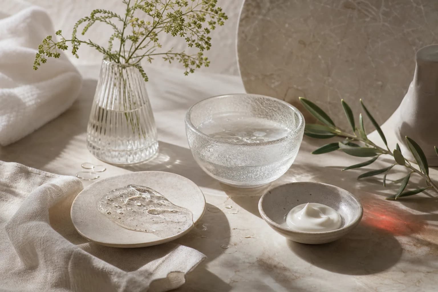 Shallow dishes of clear gel and white cream beside a glass bowl of bubbly liquid.
