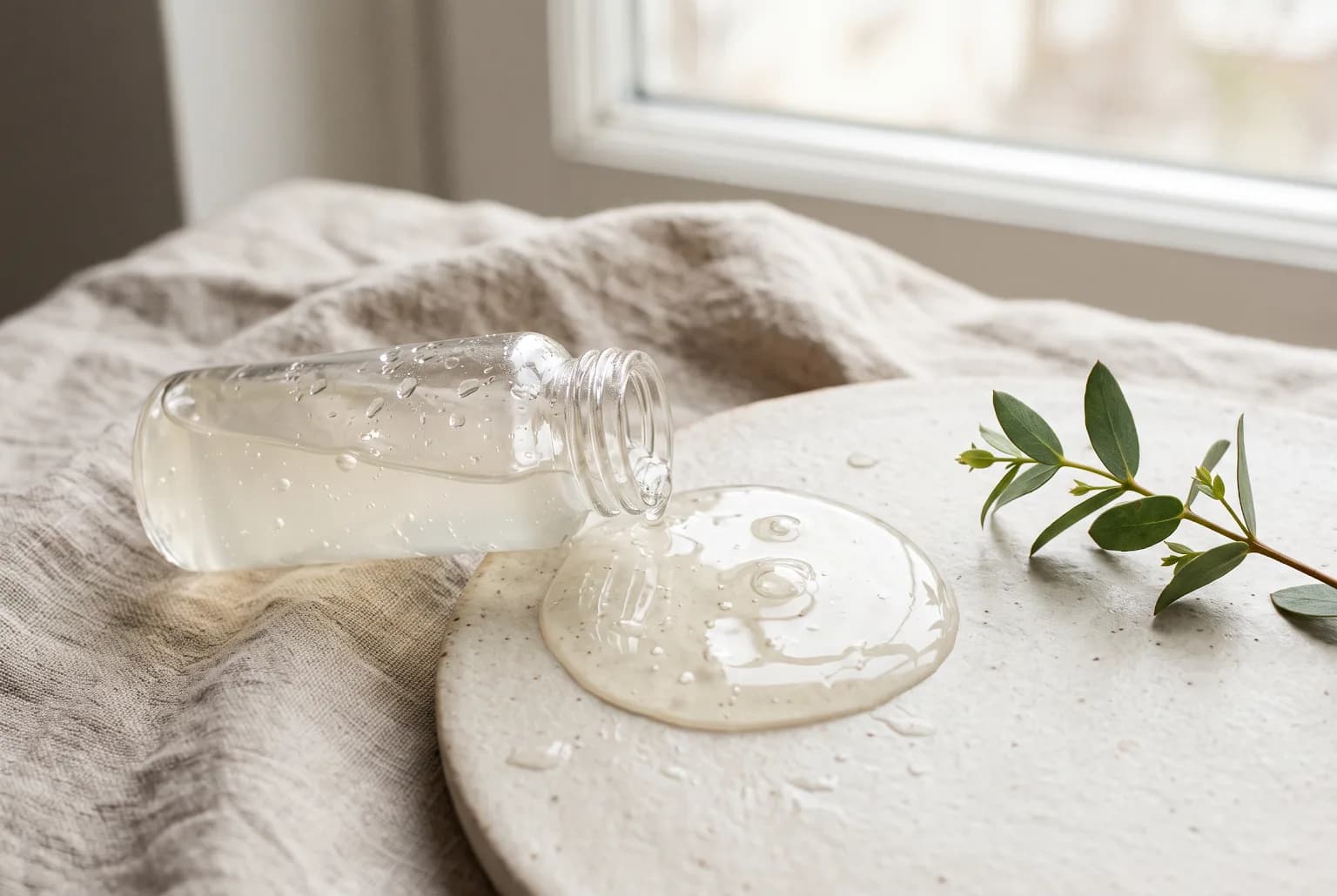 Flat-lay still life of a clear glass bottle, white ceramic dish with powder, and sprig of botanicals on a warm stone surface