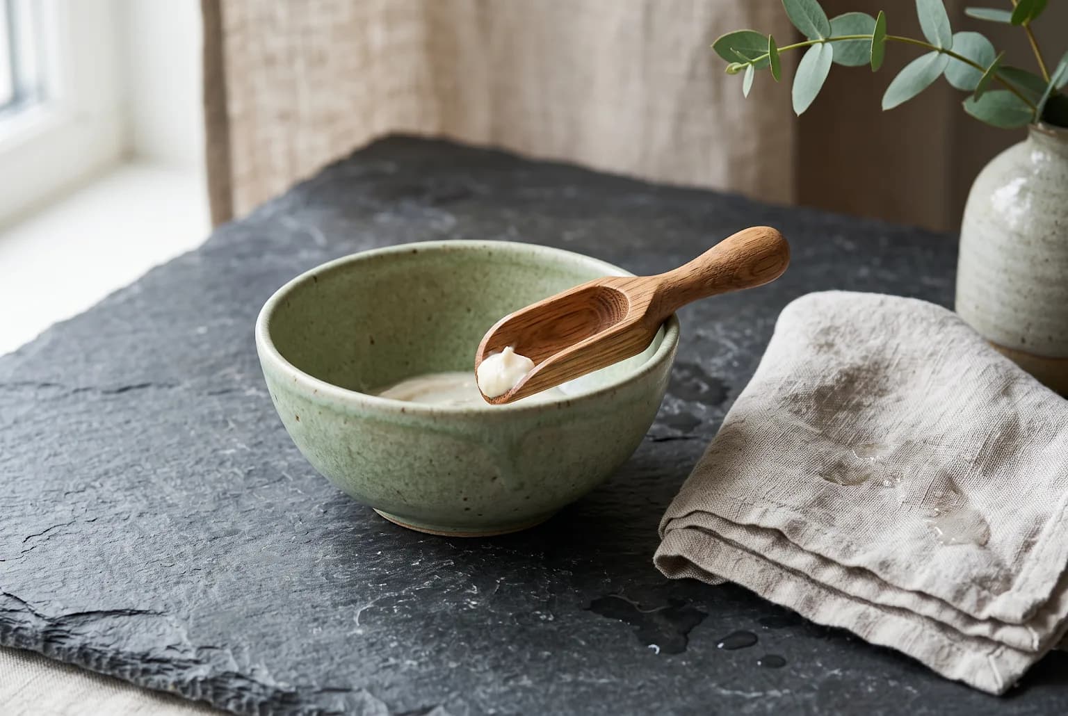Ceramic bowl of pale green clay and wooden scoop on slate tile
