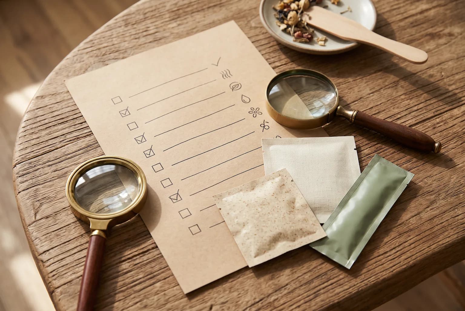Checklist with magnifying glass and sample sachets on wood