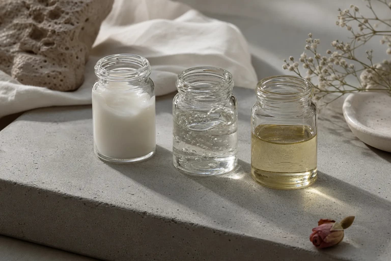 Three vials showing cream, gel, and oil cleanser textures