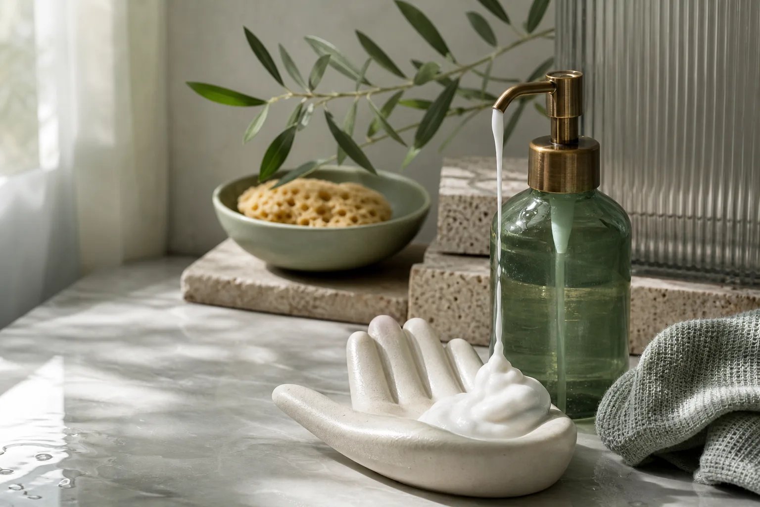 Cream cleanser dispensing onto tray