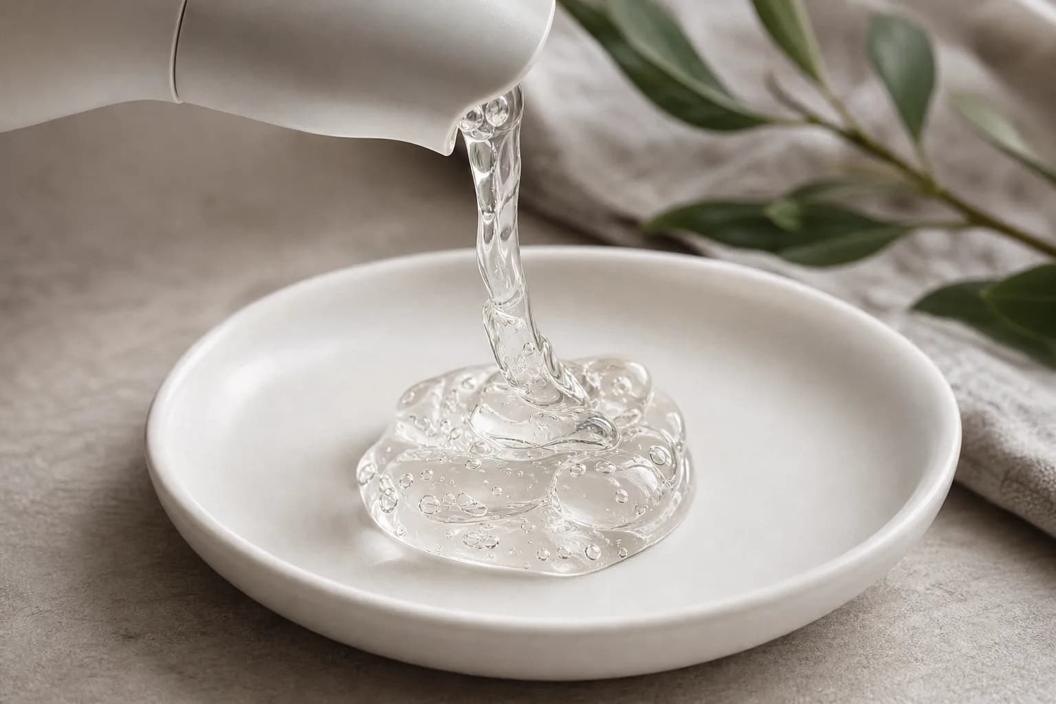 Close-up of clear gel in a white dish showing viscous texture