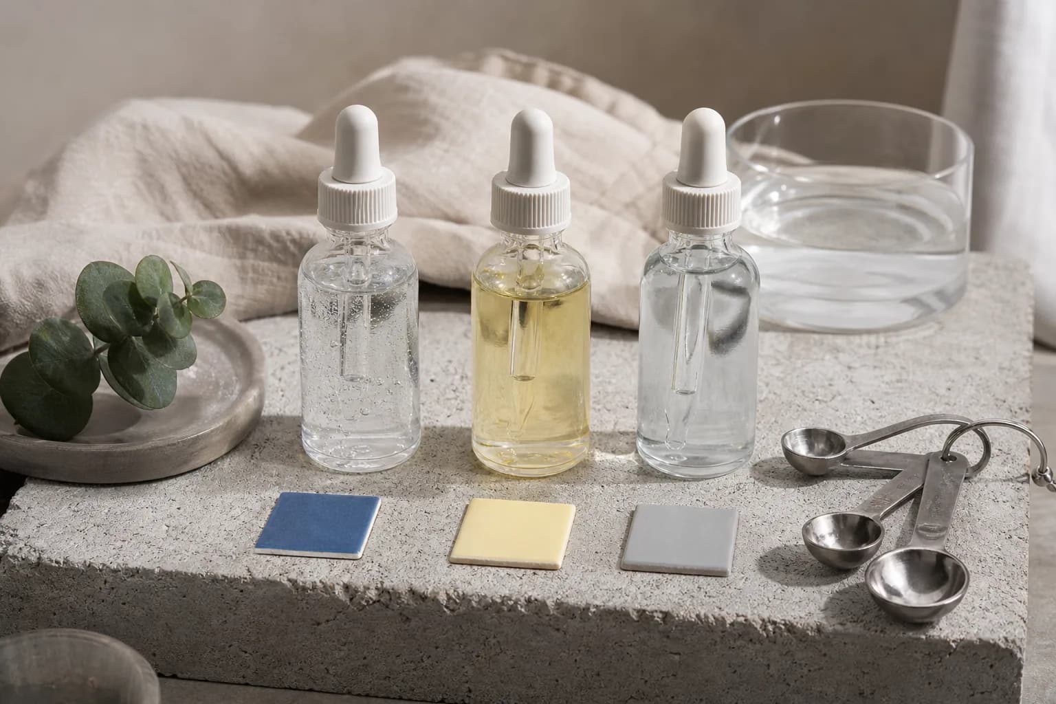 Three droppers with different liquid textures on concrete slab