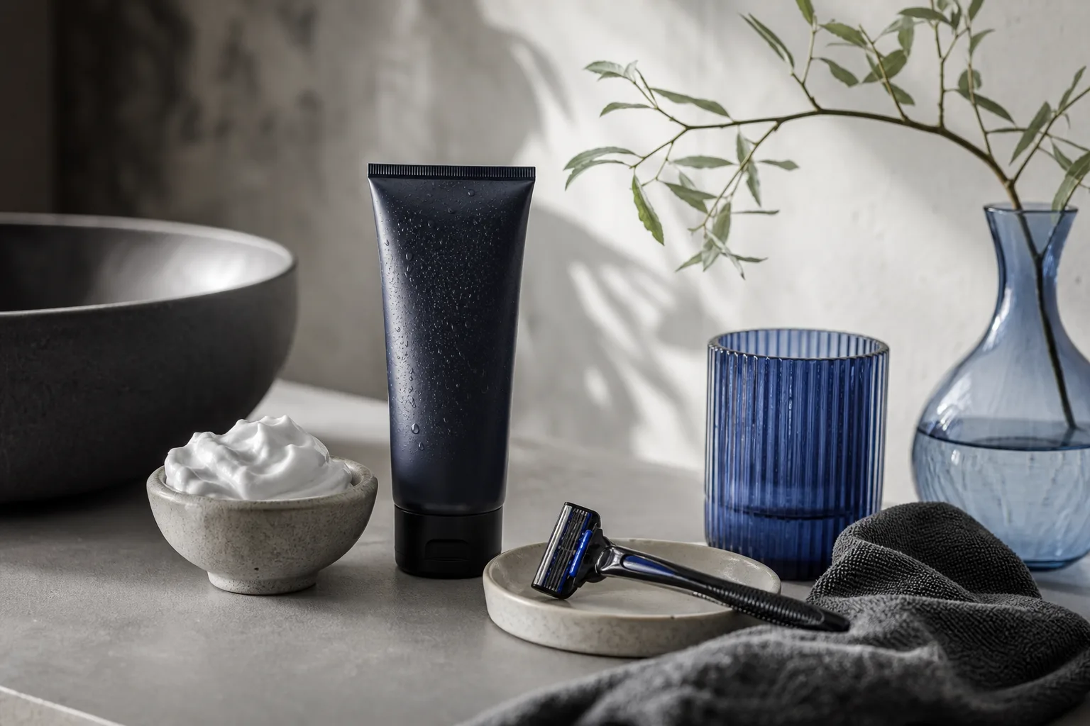 Shaving bowl, moisturizer tube, and cleansing bar on wooden board