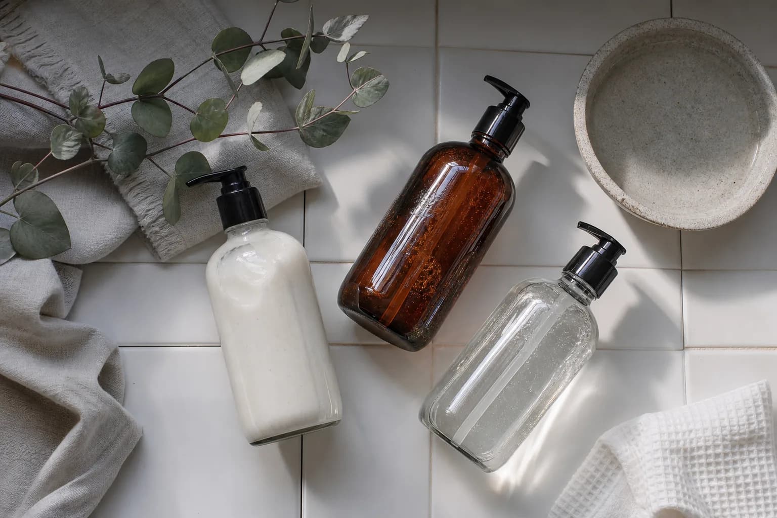 Three unlabelled pump bottles containing white, amber-colored and clear liquids on white tiles.