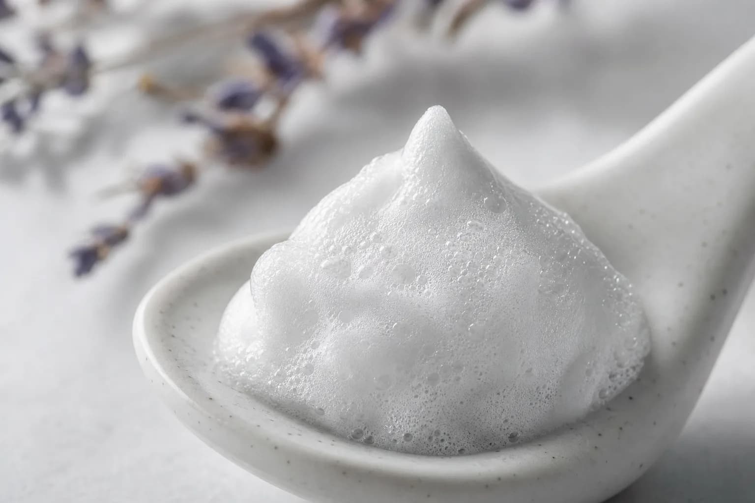Peak of white foam on a small ceramic spoon with linen in the background.