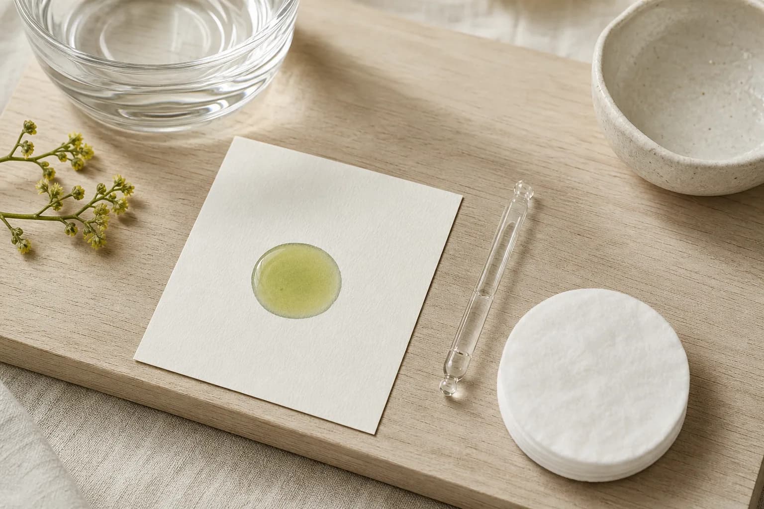 Yellow-green liquid spot on a white card beside a glass pipette and cotton pad.