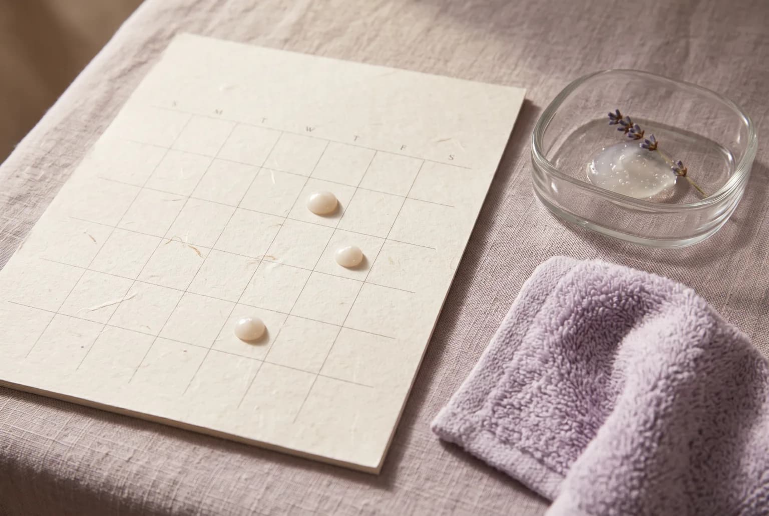 Minimal calendar-inspired arrangement representing gradual weekly exfoliation