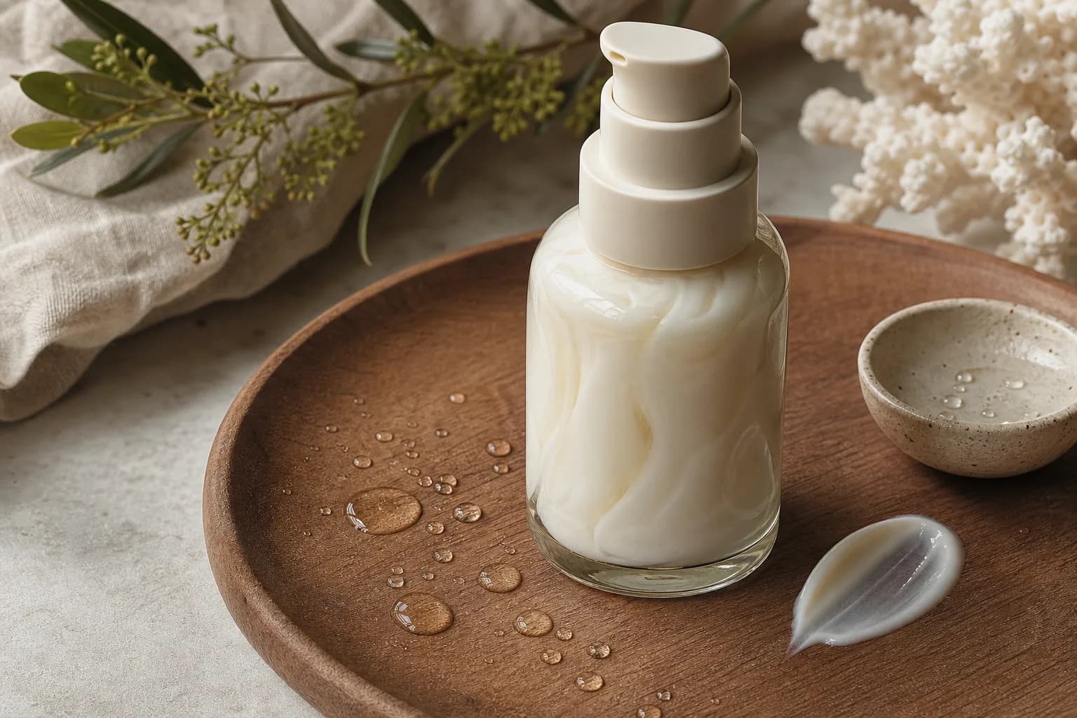 Close-up pump bottle of creamy sunscreen showing texture and glycerin droplets