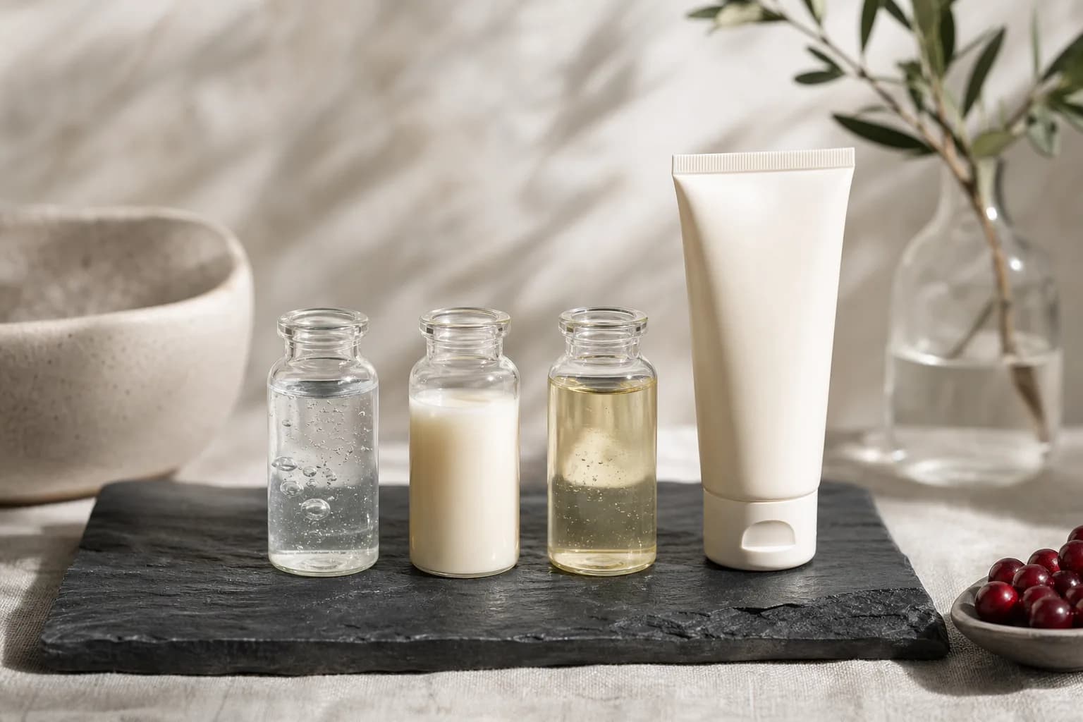 Three glass vials of supportive ingredients beside a sunscreen tube on slate