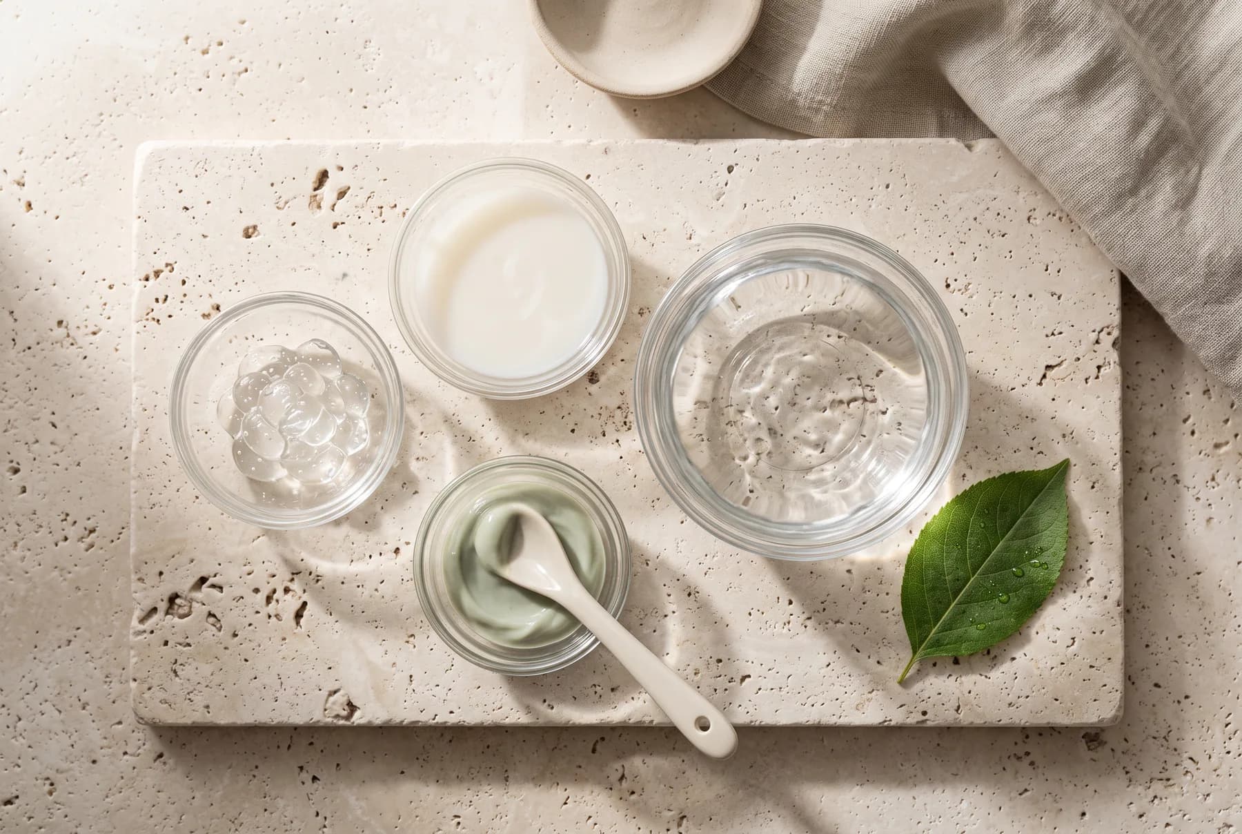 Clear, milky, and gel toner textures arranged on pale stone