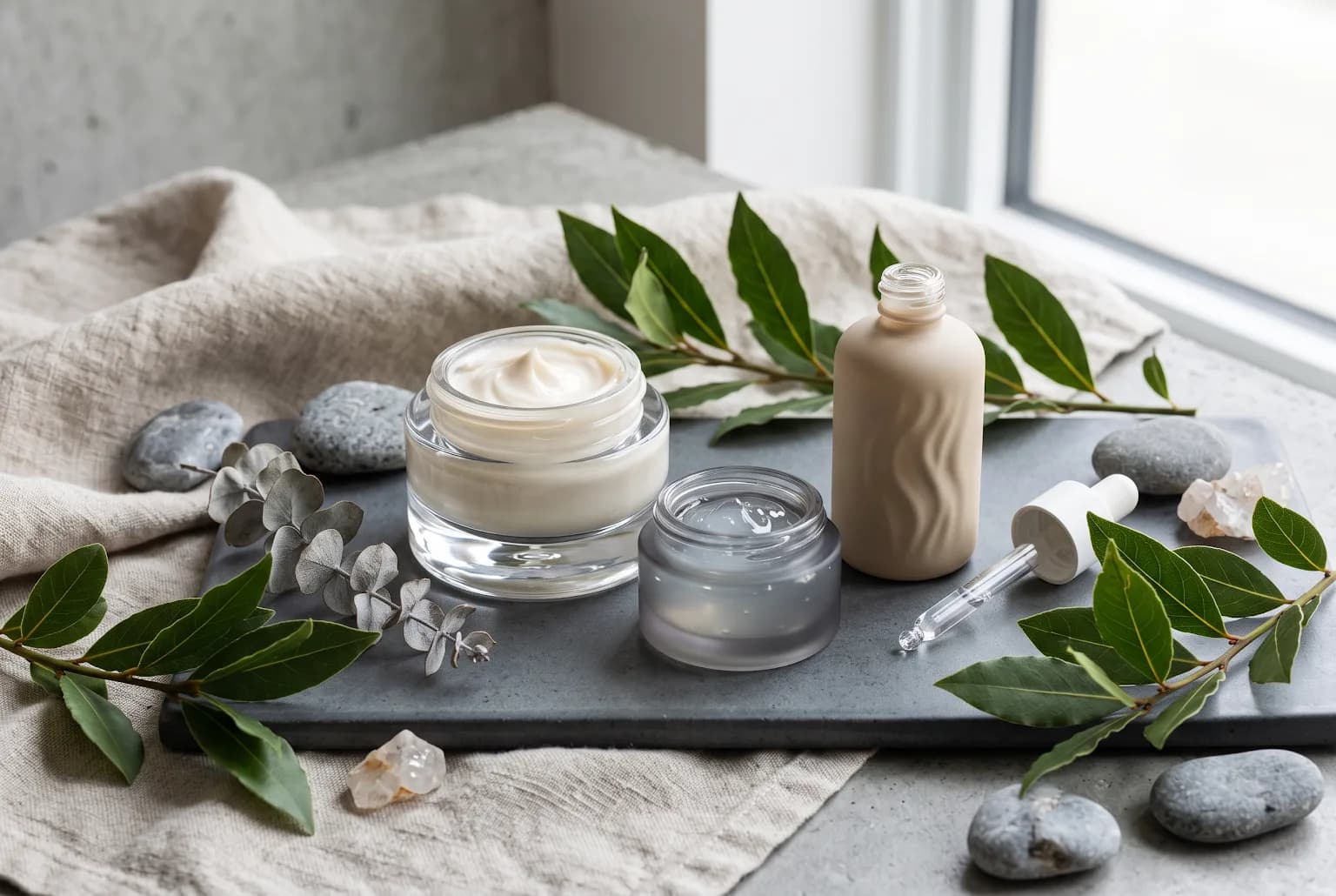Flatlay of an amber glass serum bottle and ceramic dish on marble with soft linen