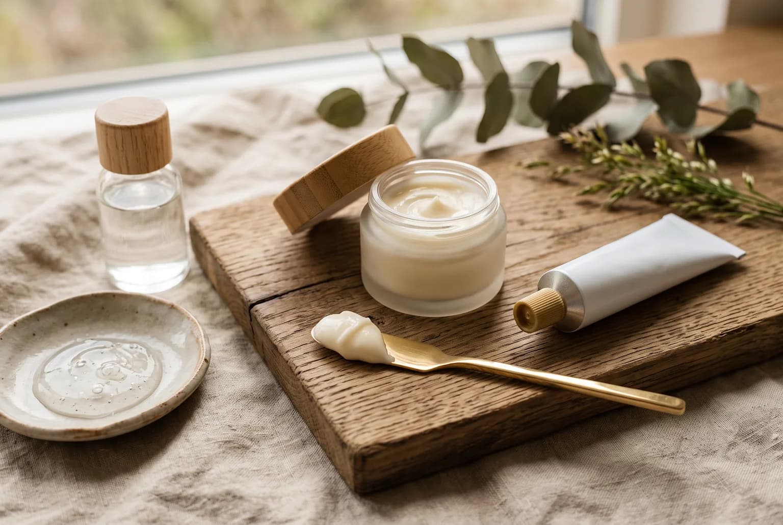 Close crop of cream texture on a spatula beside a small jar and tube