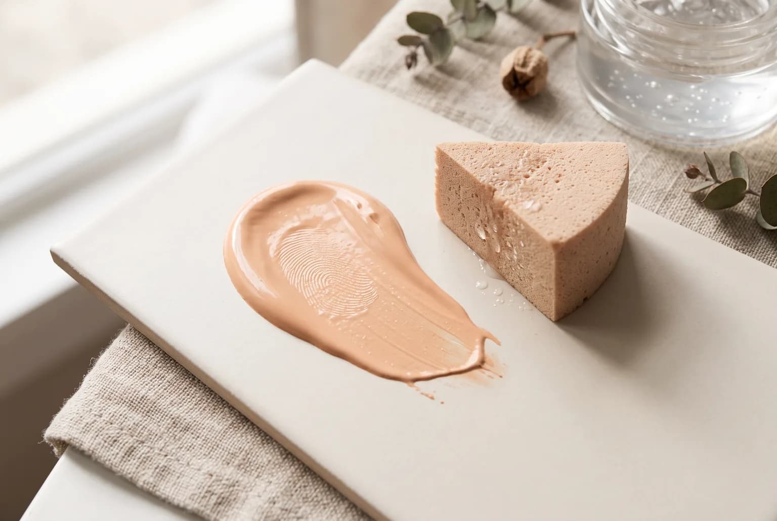 Cream foundation swatch on porcelain tile with sponge, close-up texture detail