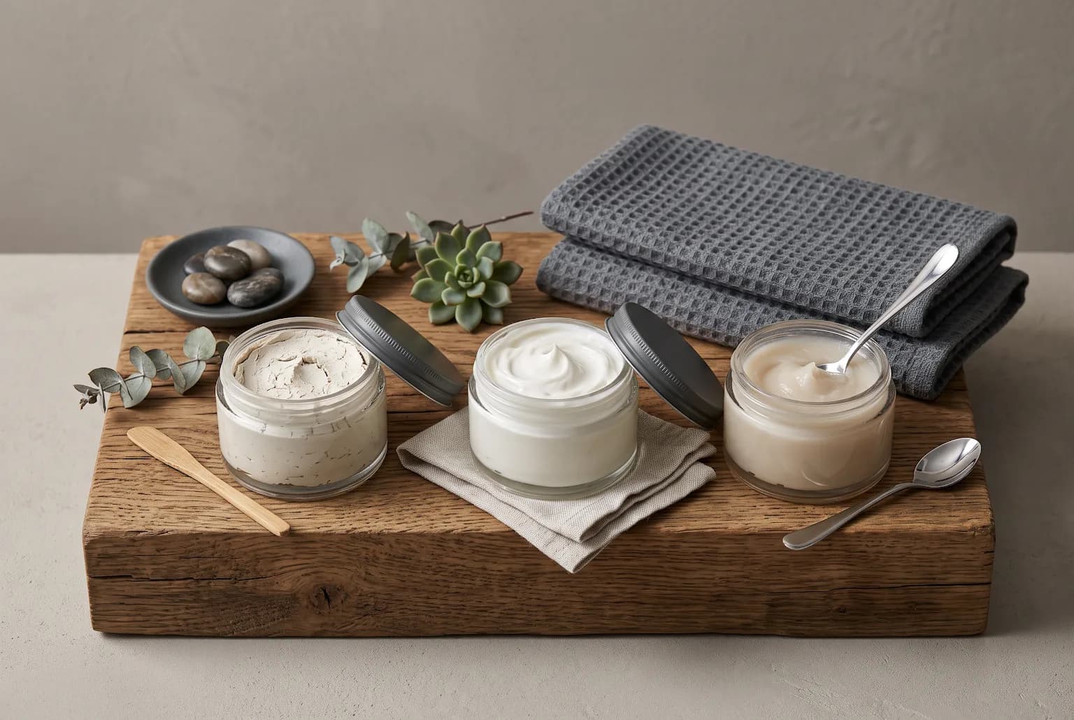 Three jars of hair products (matte clay, paste, cream) styled on wood