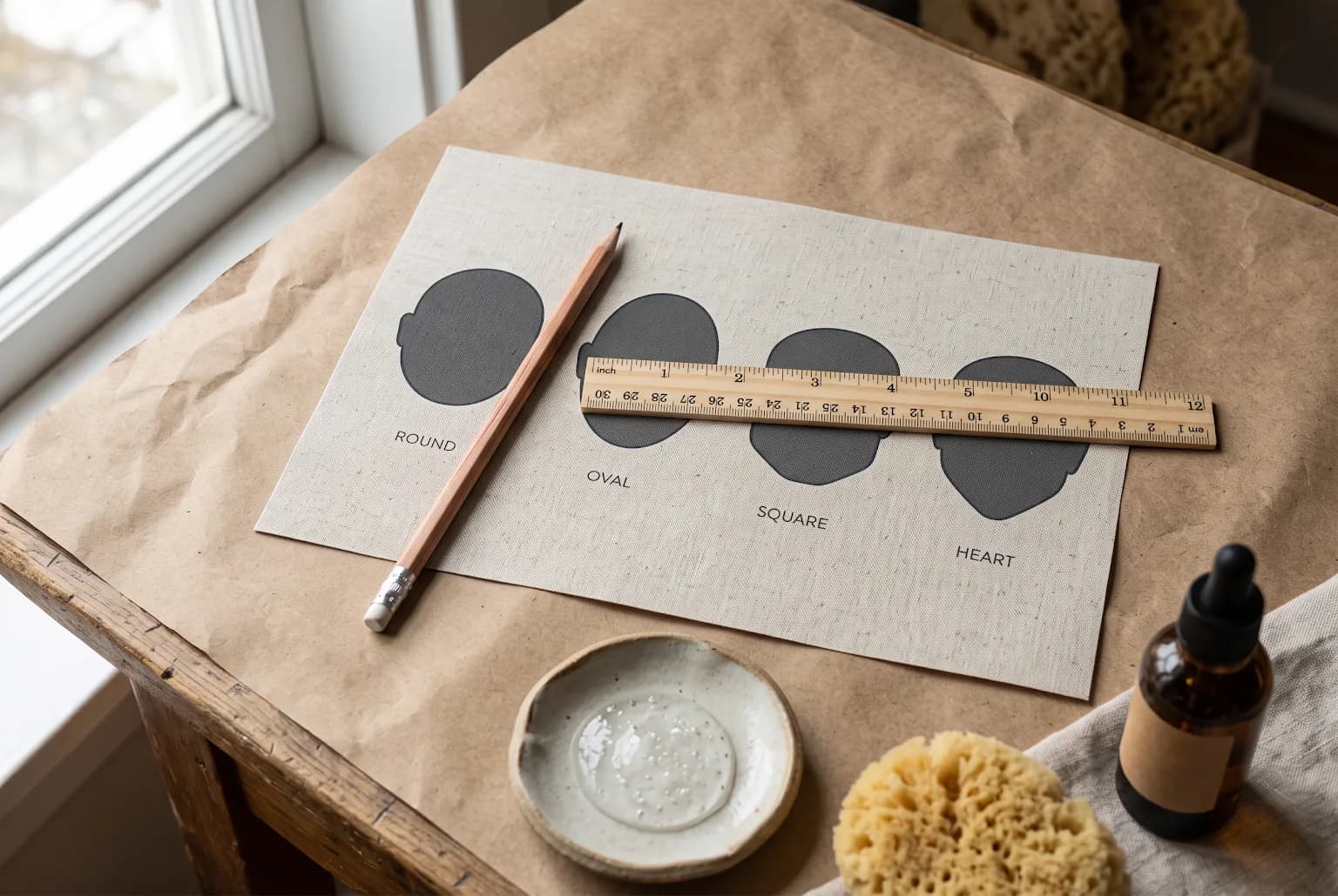 Printed silhouettes of male face shapes with pencil and ruler