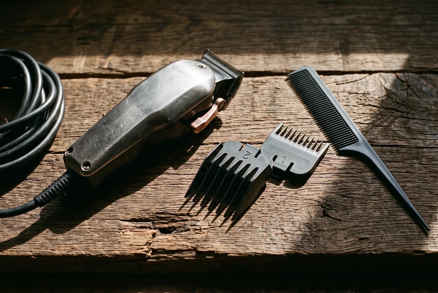 Clippers, guards and comb on wooden surface — tools for tapered sides