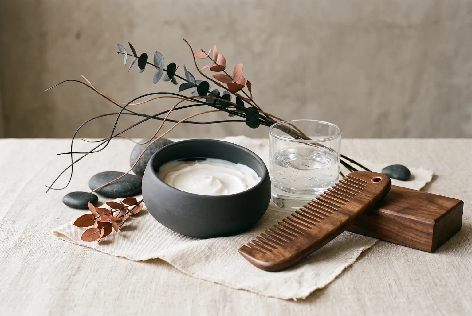 Barber scissors and comb on dark wood with trimmed hair clippings