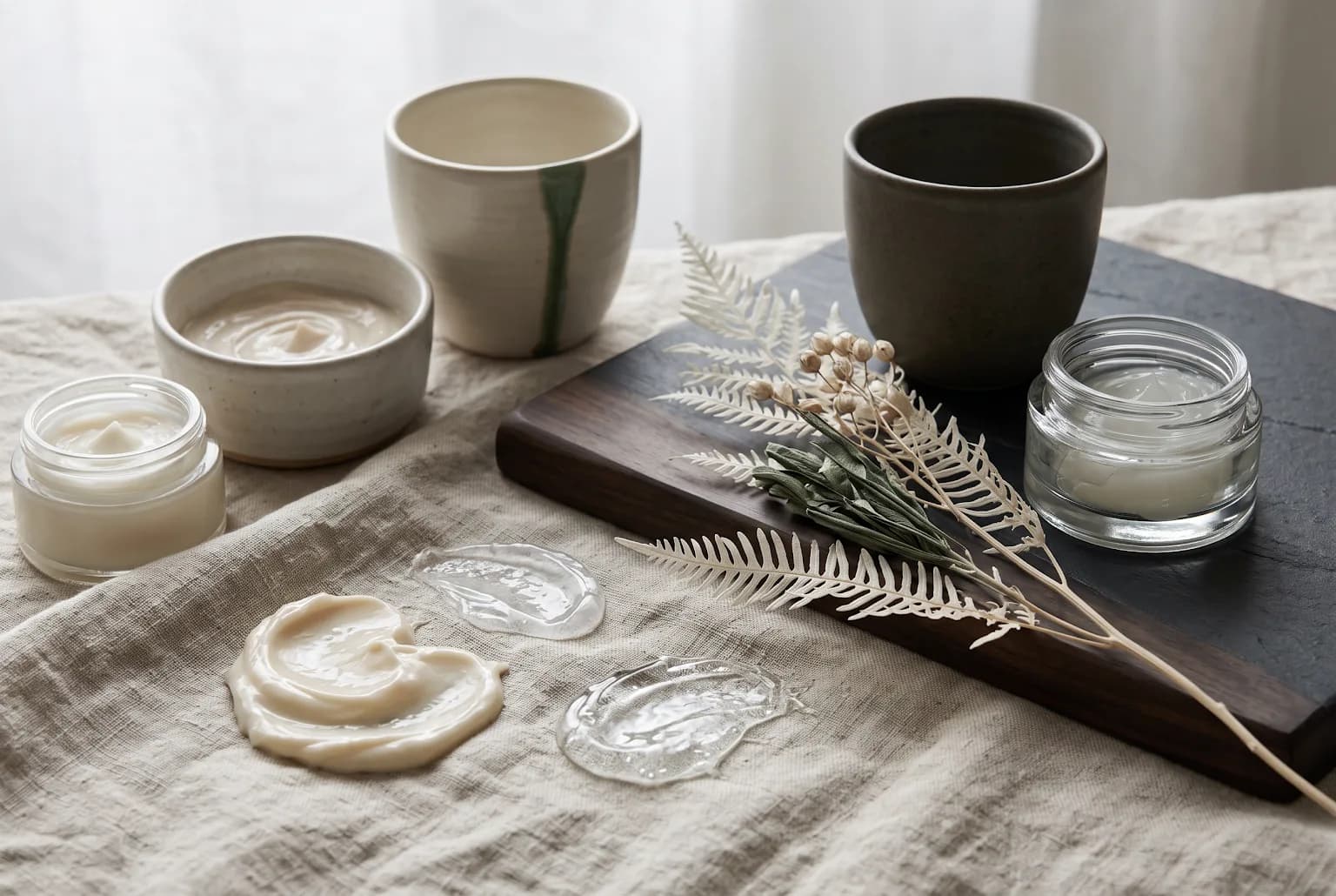 Comb and styling tonic on linen beside tapering guide