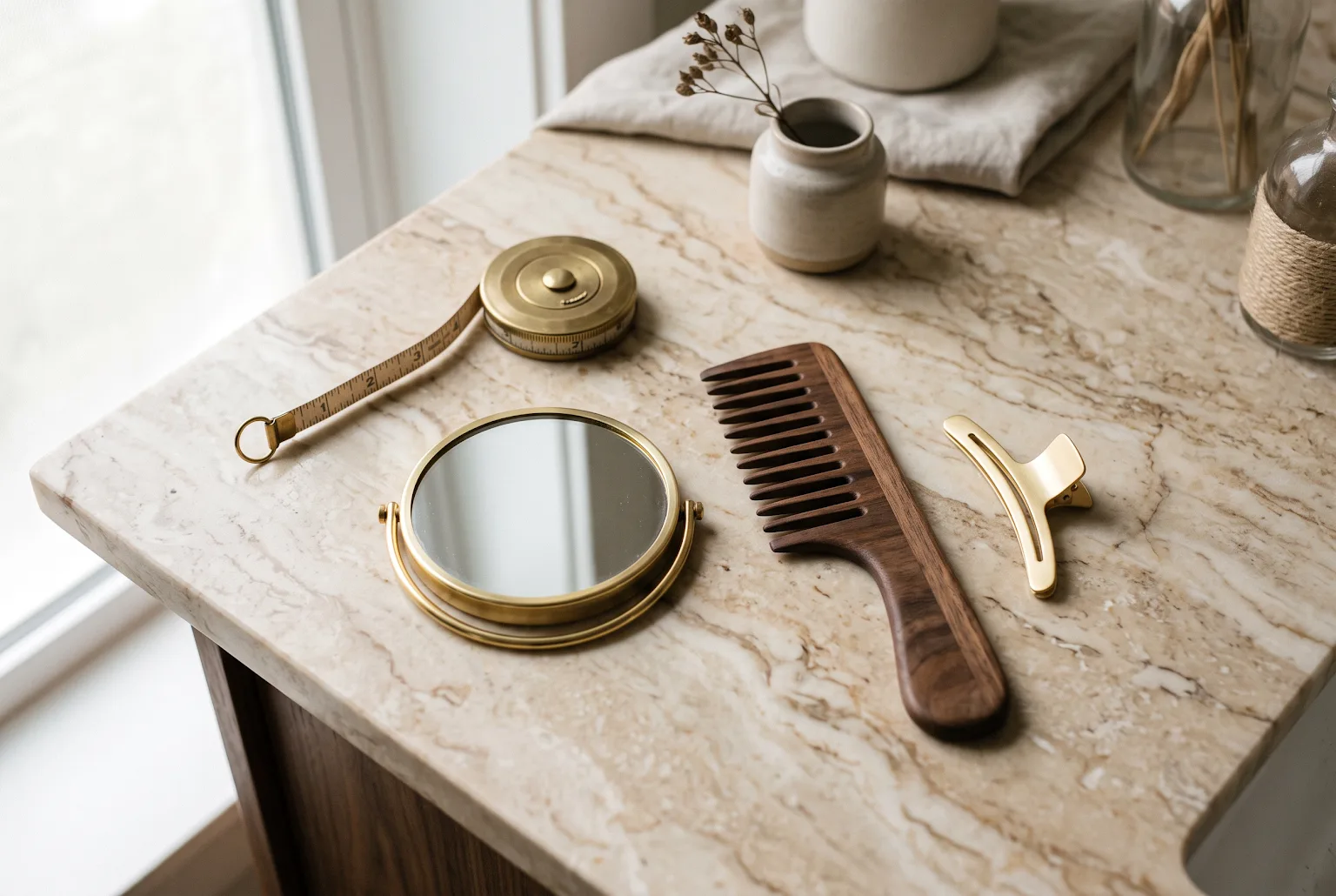 Measuring tape, handheld mirror, comb and clip on marble — tools to assess face shape