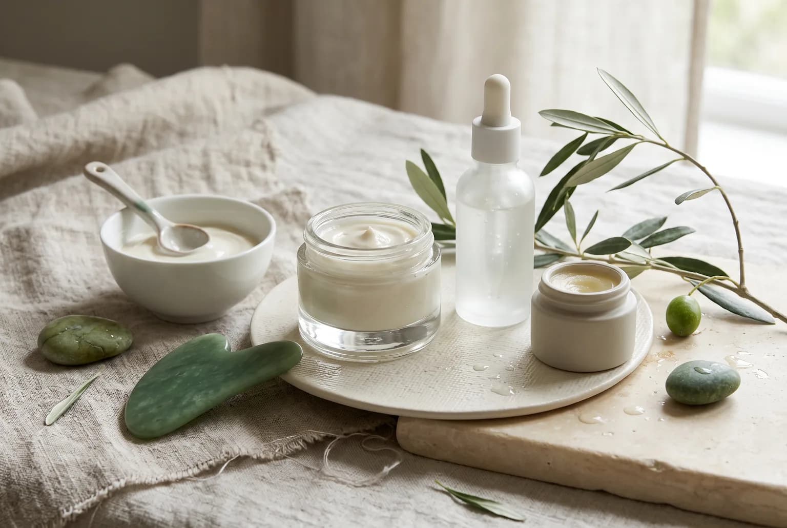 Collection of styling products—cream, pomade, heat protectant—and a brush on linen