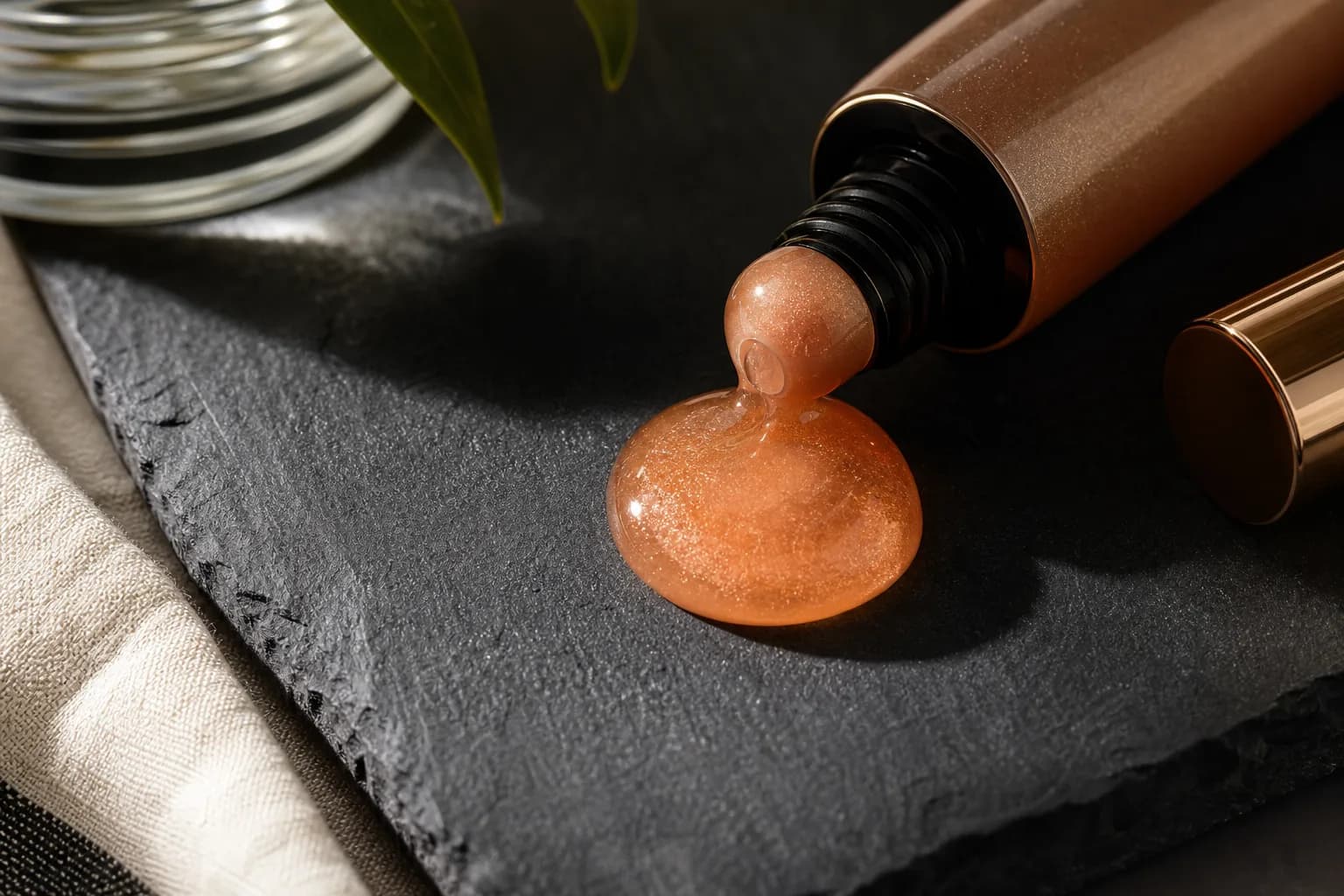 Shimmery bronze liquid pooling from an open tube onto dark slate.
