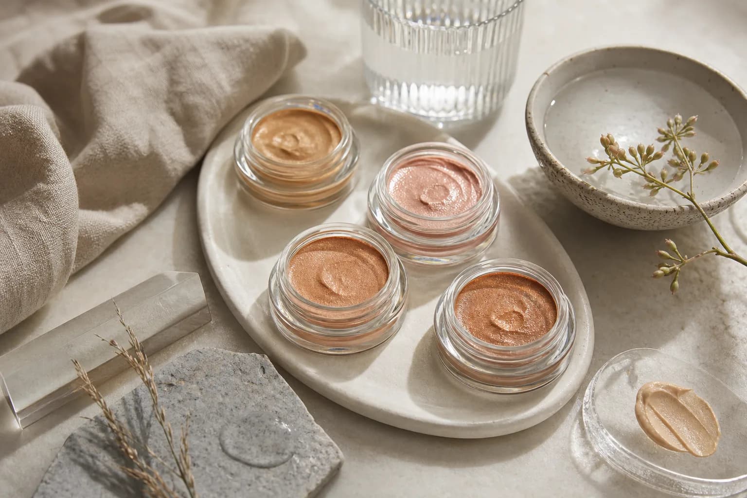 Four small jars of gold, pink and bronze shimmer creams on a white tray.