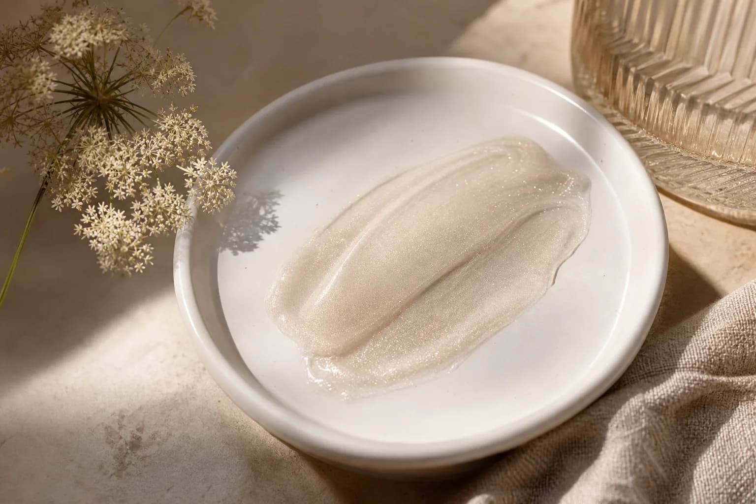 Translucent pearlescent swatch spread across a white ceramic plate.