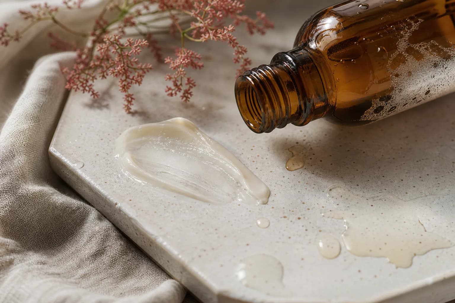 Clear liquid spilling from an amber bottle onto a pale ceramic tray.