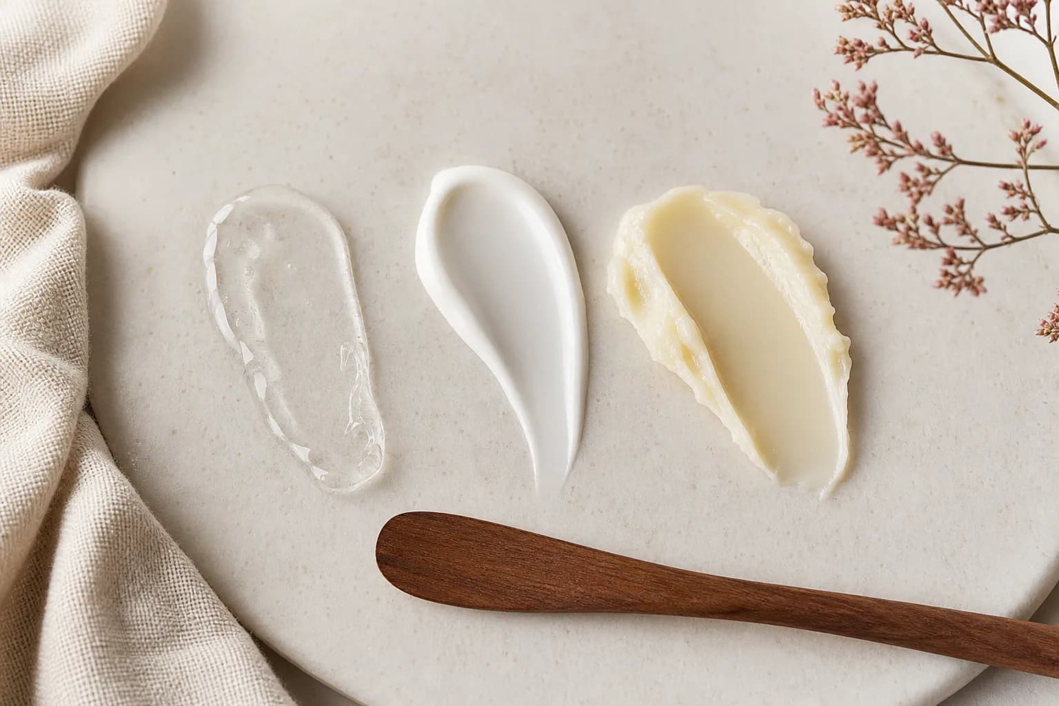 Clear gel, white cream and pale yellow balm swatches beside a wooden spatula.