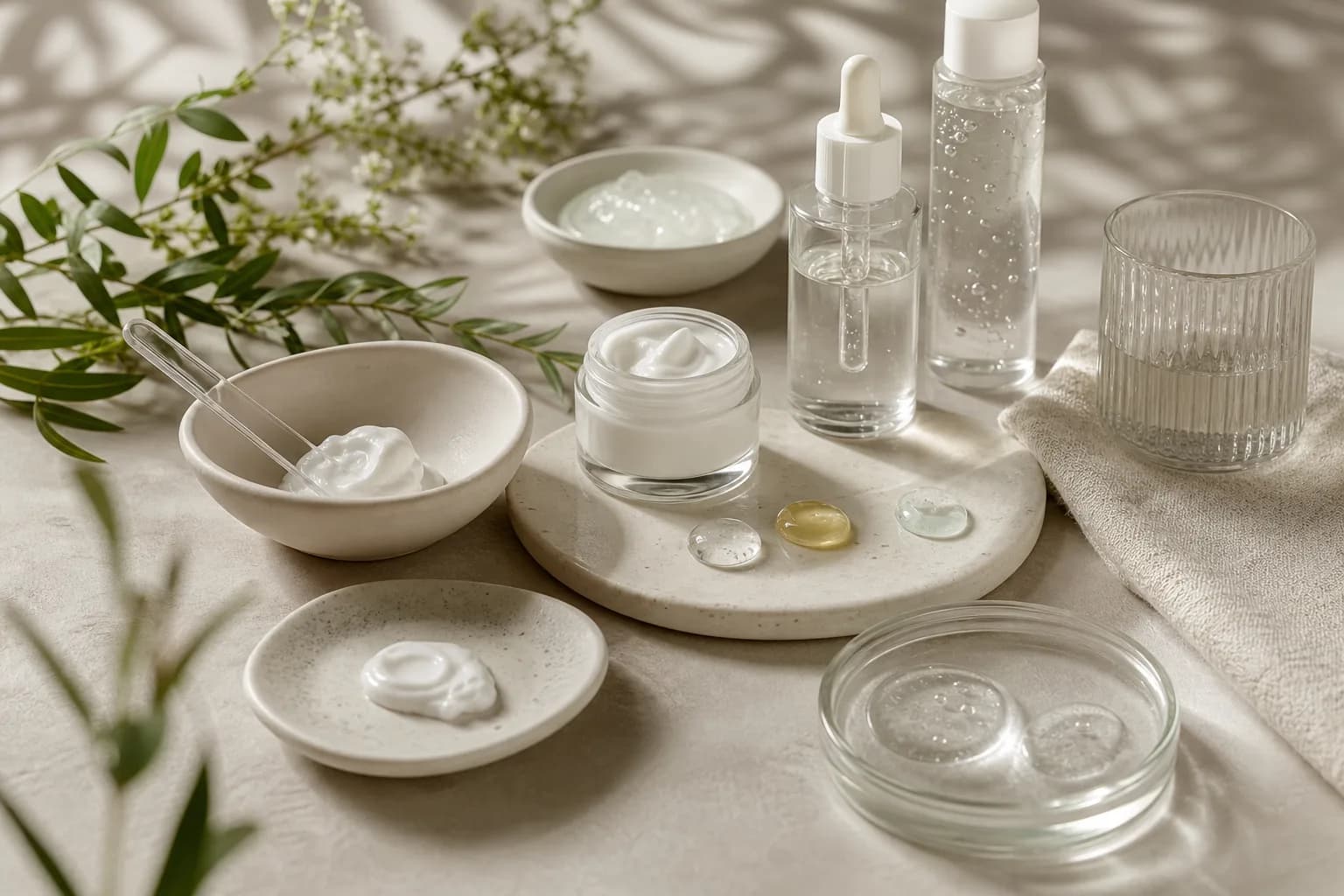 Unlabelled jars, dropper bottles and dishes of cream and gel on a pale tabletop.