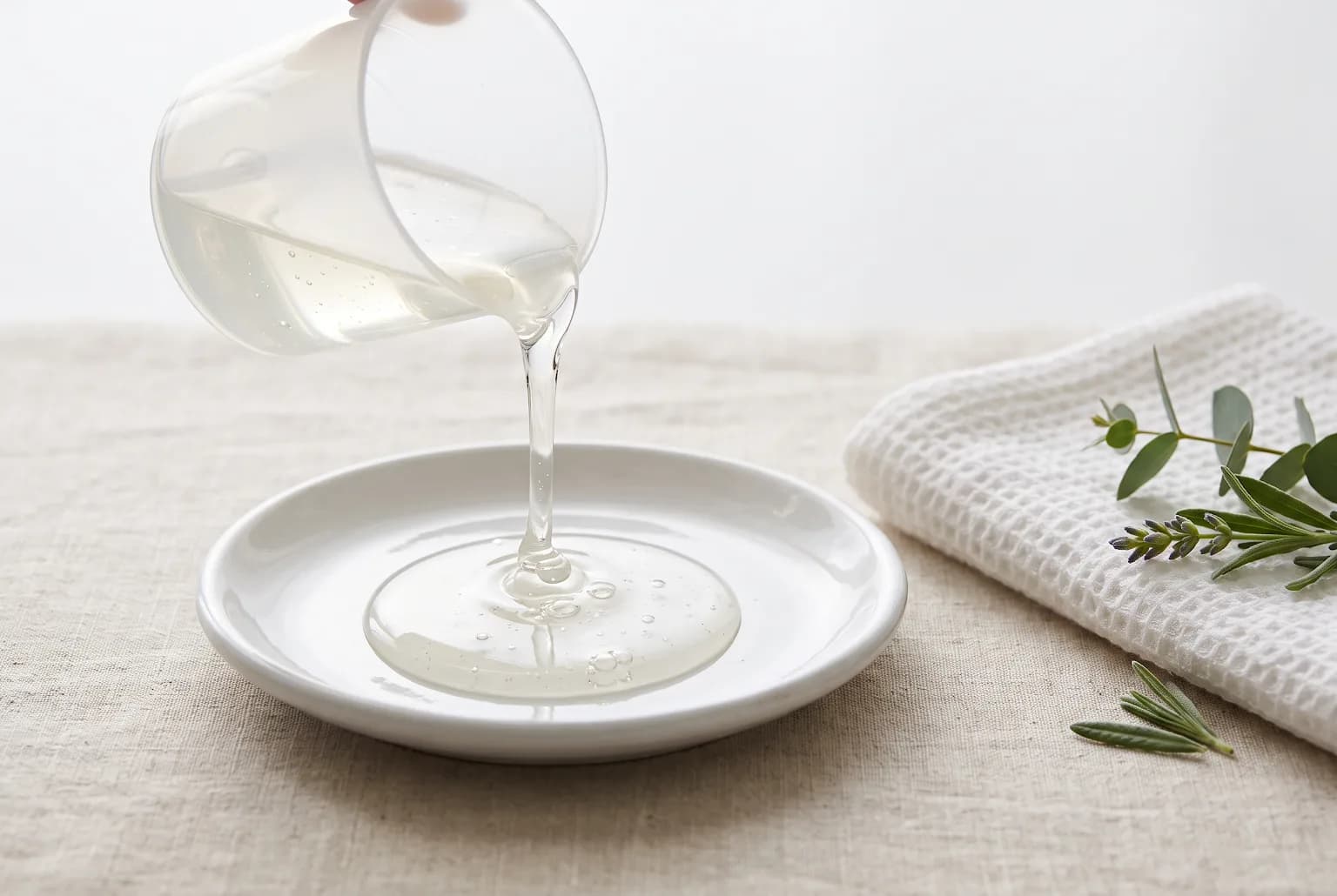 Measuring cup pouring clear detergent onto dish beside towel