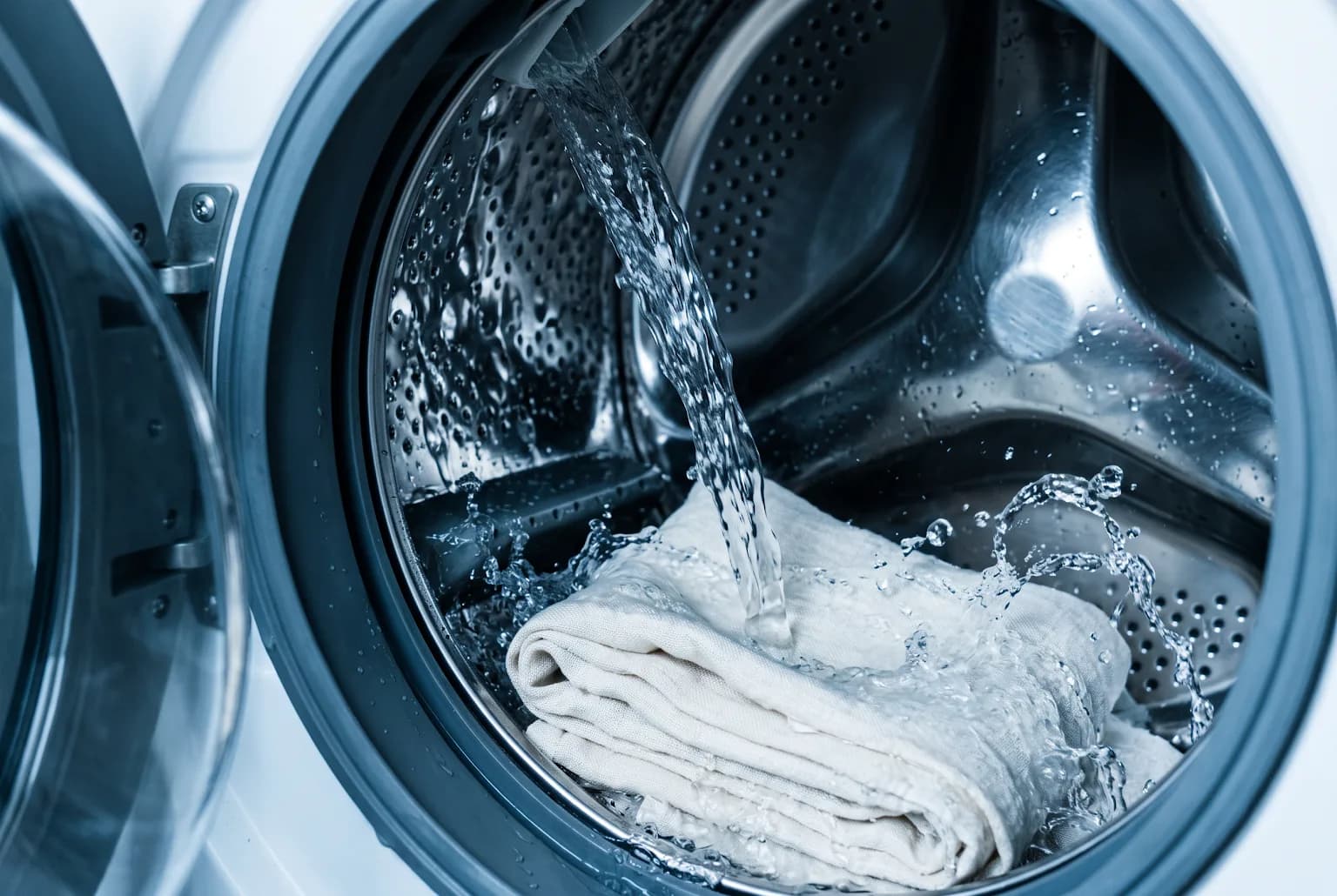 Washing machine drum with running water and folded towel nearby