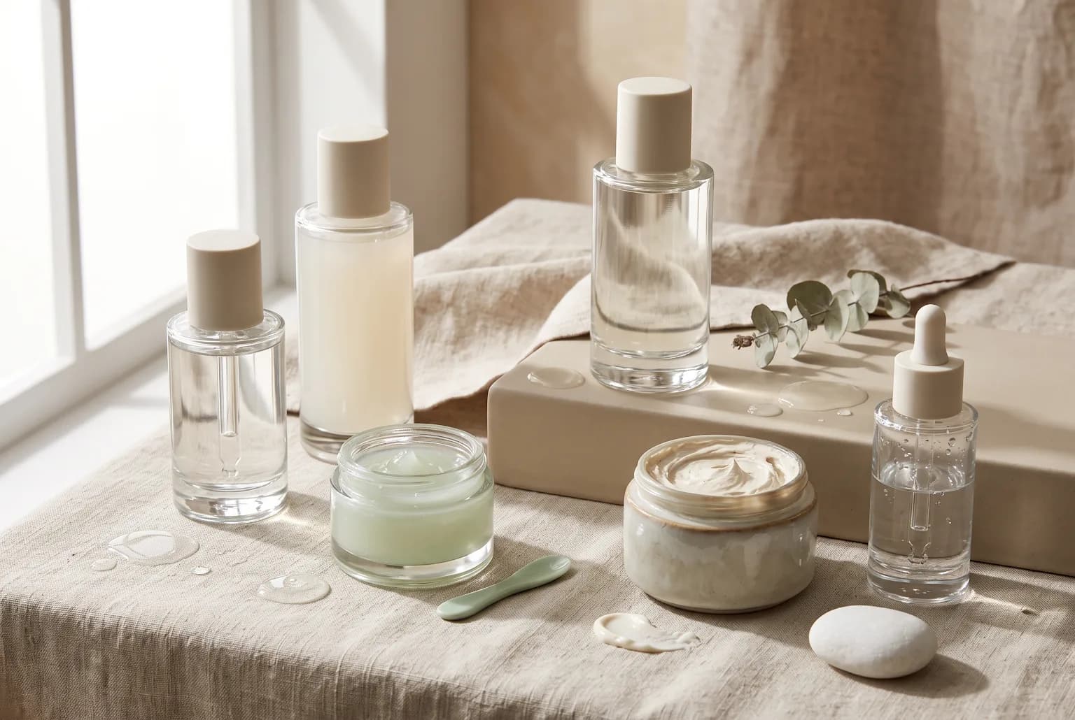 Matte primer, translucent powder, blotting papers, and setting spray arranged on linen