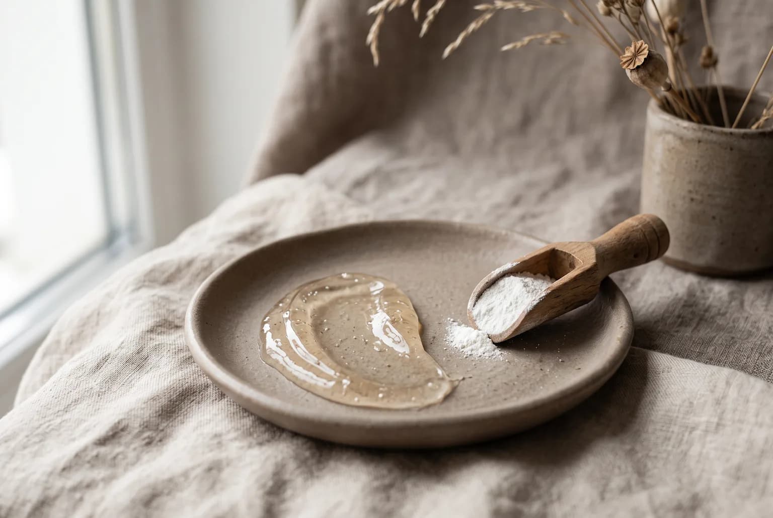 Lightweight gel moisturizer and silica powder on ceramic dish