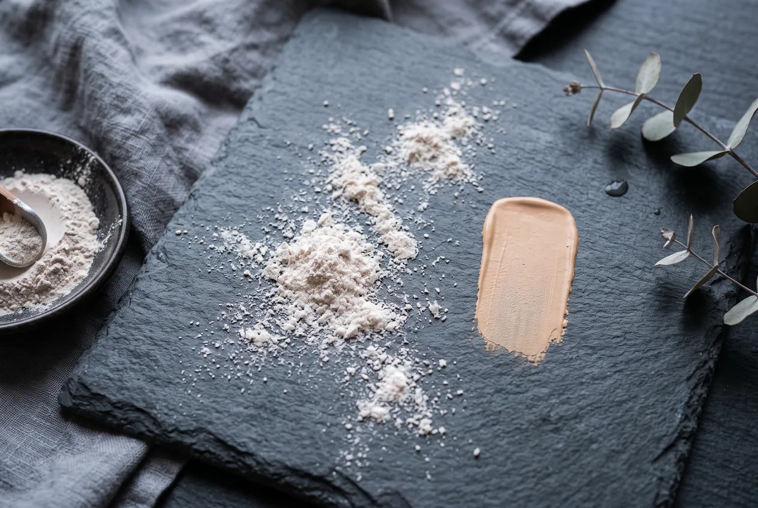 Silica-based primer powder and matte foundation swatch on slate